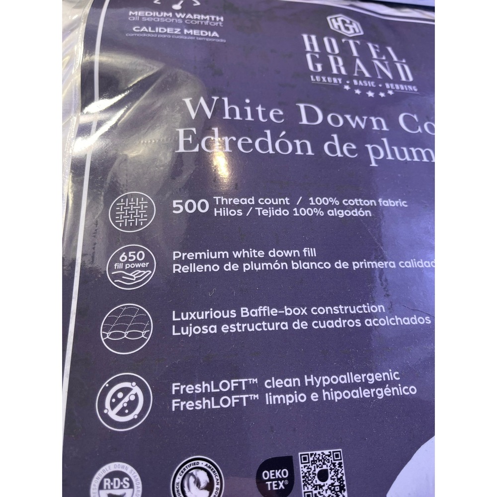 Hotel Grand White Down Comforter Twin White NEW 500TC 650FP Baffle Box - Picture 2 of 7